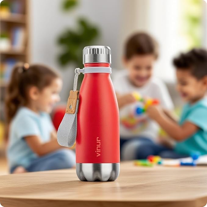VINUR Kids Water Bottle-9 oz Stainless Steel Double Wall Vacuum Insulated Water Bottle for School-Cola Shape Flask with Carry Rope, Canyon Red