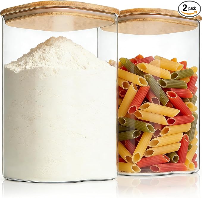 KEYWING 145oz Glass Flour Storage Containers with Bamboo Lids, Set of 2 Large Square Pantry Jars, Big Wide Mouth Canisters for Sugar, Rice, Cereal, Beans, Cookie & Dry Goods