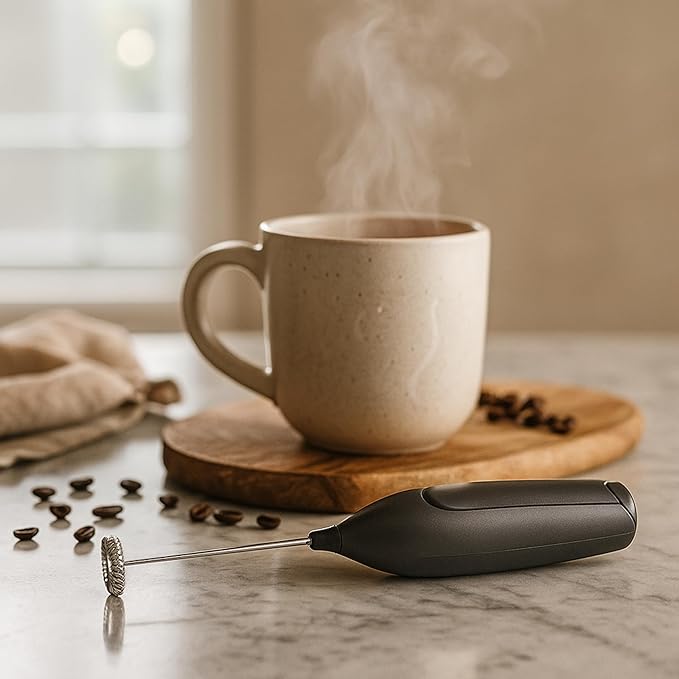 Oggi Handheld Milk Frother, Electric Frother Wand with Stainless Steel Whisk, Mini Whisk for Coffee, Matcha, Latte, Protein, Eggs & More, Battery Operated Compact Frother for Kitchen or Travel, Black