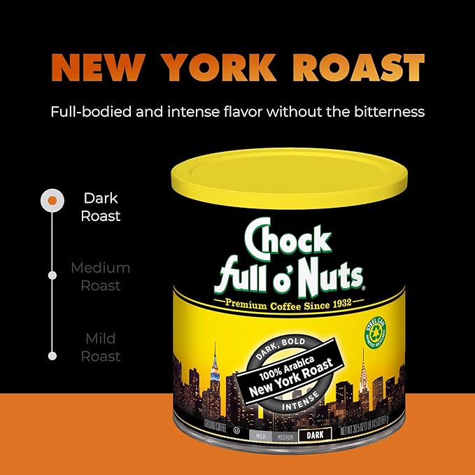 Chock Full o' Nuts New York Roast Ground Coffee – Premium Beans in Recyclable Steel Can – Rich Flavor & Aroma, Dark Roast – Perfect for Drip, Pour-Over, Percolator – 30.5 Oz Can