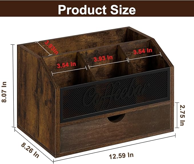 YINMIT Coffee Station Organizer with Drawer for Countertop, Wood Coffee Bar Organizer with Removable Dividers for Pods, Syrup, Cups, Stirrer, Office Bar Accessories (Iron Mesh-Vintage Brown, 2 Tier)