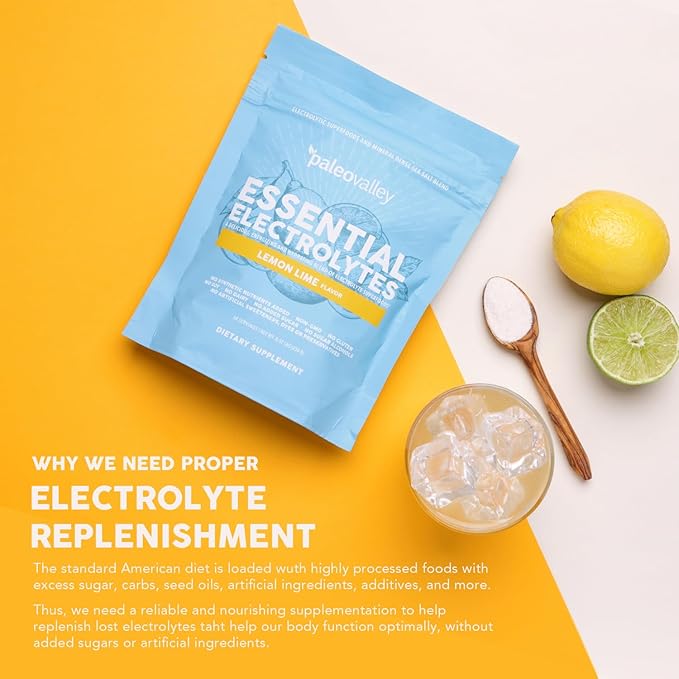 Paleovalley Essential Electrolytes Powder - Full Spectrum Lemon Lime Electrolyte Powder for Hydration, Energy and Muscle Recovery - No Sugar Added - 30 Servings
