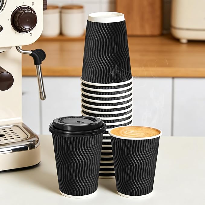 BYSNOW 500 Pack 12 oz Coffee Cups with Lids, Disposable Insulated Hot Cups To Go Paper Coffee Cups, Corrugated Ripple Wall Cup for Hot Drink, Office, Coffee Bar (Black 12 oz)