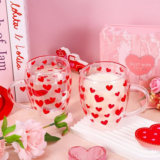 JarThenaAMCS Valentine' s Day Double Wall Glass Coffee Mugs Insulated Glasses 12Oz Red Heart Clear Espresso Cups with Handle for Home Holiday Supplies, Set of 2