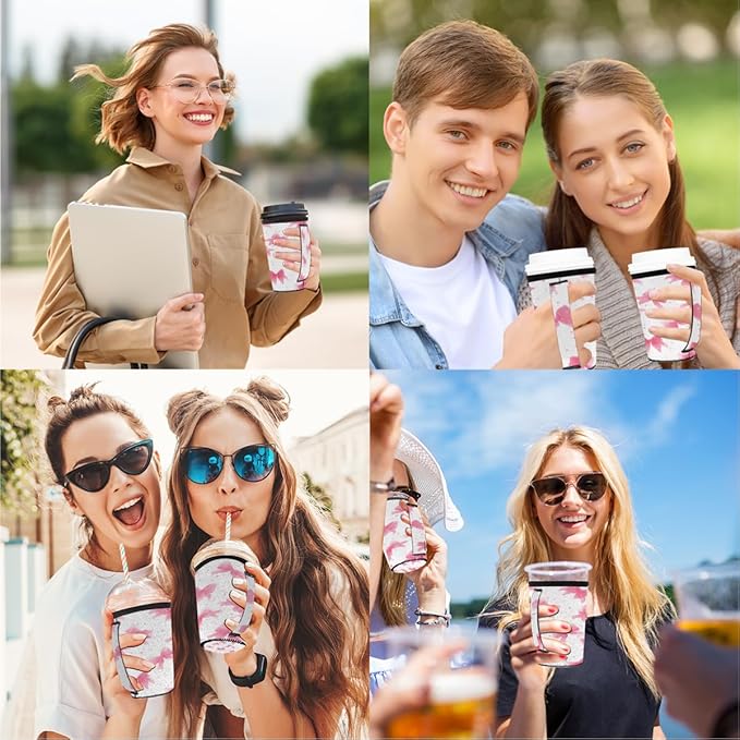 Pink Bows Reusable Coffee Sleeves Iced Coffee Cozy Insulator,Coquette Bow Neoprene Holder with Handle for Cold Coffee or Ice Drink, Large 30-32oz