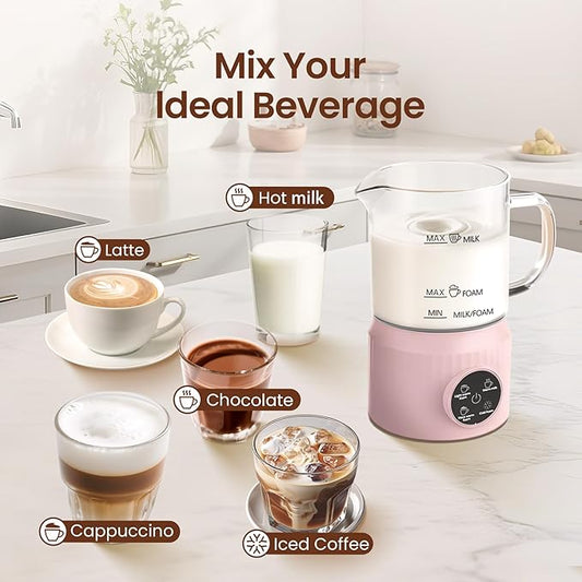 4-in-1 Milk Frother, Electric Milk Frother and Steamer with LED Touch Screen, Non-stick Bottom, Milk Warmer 13.52oz for Lattes, Cappuccinos, and Macchiatos at Home (pink)