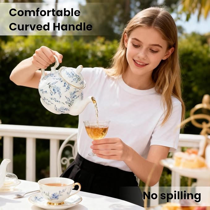 33.8 oz Porcelain Tea Pot Luxury Gold Trim Floral Ceramic Teapot Waterpot Tea Maker for Blooming Loose Leaf Tea Coffee Milk Chrismas Women Gift Housewarming Home Kitchen Décor (Blue Blossom)