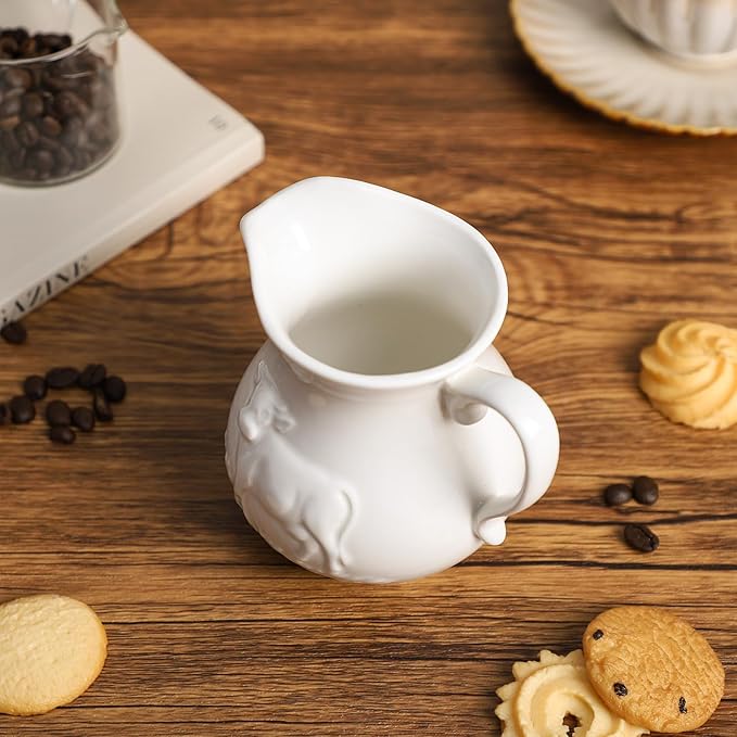 CHOOLD Pure White Ceramic Creamer with Handle,Coffee Milk Creamer Pitcher, Serving Pitcher Sauce-Cow