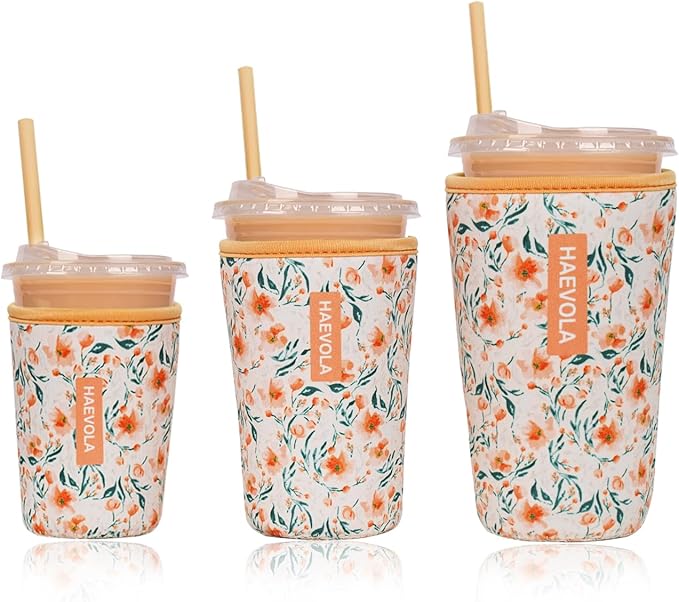 Reusable Insulated Neoprene Iced Coffee Cup Sleeve, Durable Drink Sleeve for Cold Beverages, Beverage Holder for Iced Coffee, Sunny Blooms