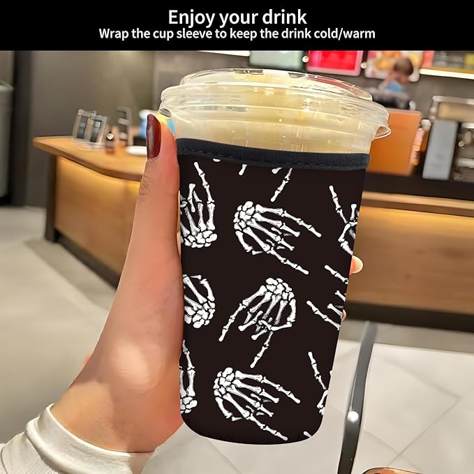 Reusable Neoprene Insulator Sleeve for Iced Coffee Cold Soda Cups, Cute Durable Drink Sleeve for Cold Beverages, Medium 22-28oz Cup Sleeve Cool Skull Finger