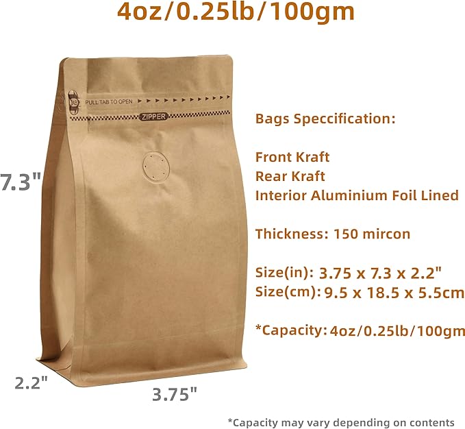 Resealable Kraft Paper Coffee Bags with Degassing Valve, Flat Bottom Side Gusset Stand Up Pouches with Zipper Lock (Pack of 100, Size for 4 oz/120 grams Beans or Ground)