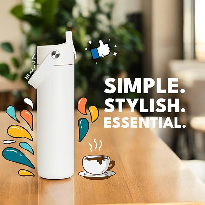 Elemental 24oz Insulated Water Bottle with Straw - 100% Leak-Proof Stainless Steel Core Water Bottles for Travel, Sports and Gym - Double Wall Insulation & BPA Free - White