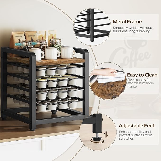 Coffee Pod Drawer Holder, 4 Tier Organizer for K Cup, 80 Pods Capacity, Spacious Storage Rack for K Cup, Space Saving, Easy Assembly, for Kitchen, Rustic Brown KH04BRY1