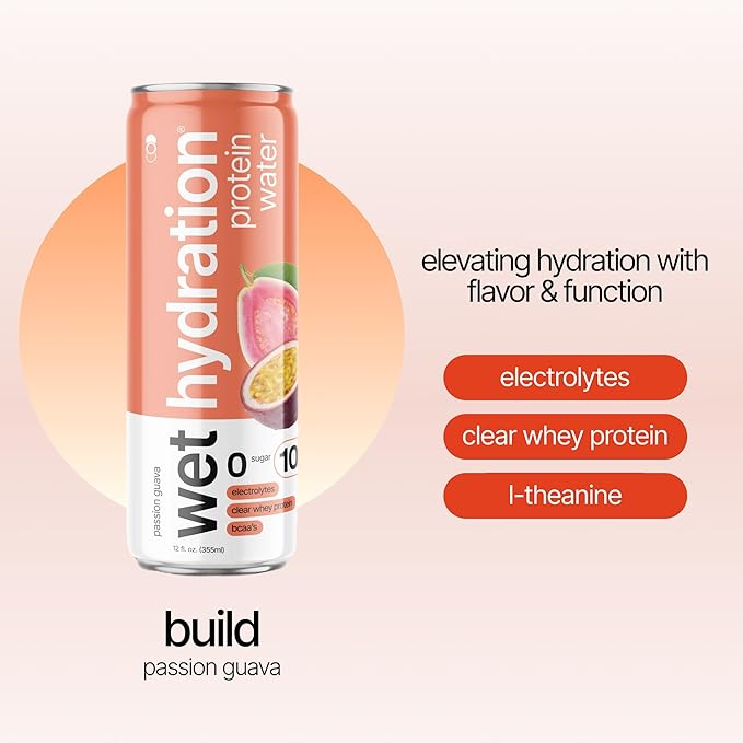 Wet Hydration | Functional Wellness Water, Non-Carbonated - Passion Guava (12 fl. oz. / 355ml Cans, Pack of 12) - Zero Calorie Hydration Drink with Electrolytes, Clear Whey Protein, BCAAs, Protein Water, No Sugar, No Artificial Ingredients