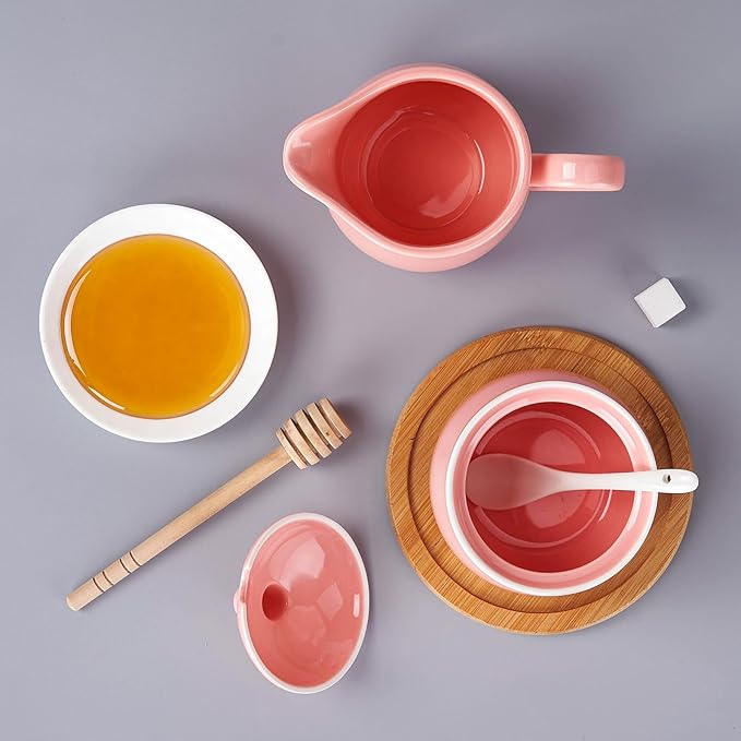 12 OZ Ceramic Sugar and Creamer Set, Coffee Serving Set, 3 Piece Cream Pitcher Sugar Bowl with Lid and Spoon (Pink)
