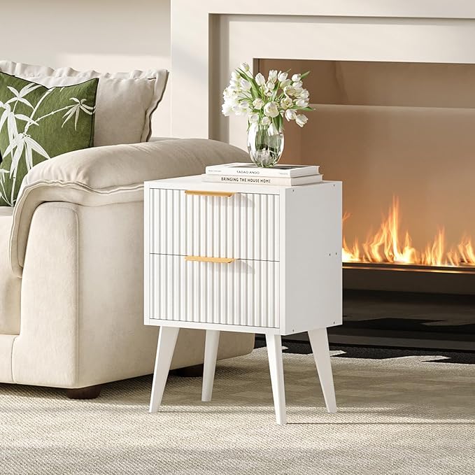 Fluted Nightstand with 2 Drawers,Modern Bedside Table with Metal Handles,Side Table with Solid Wood Legs,End Table for Living Room,Bedroom,Small Spcae 11.8" D x 16" W x 22.4" H White CTG55W