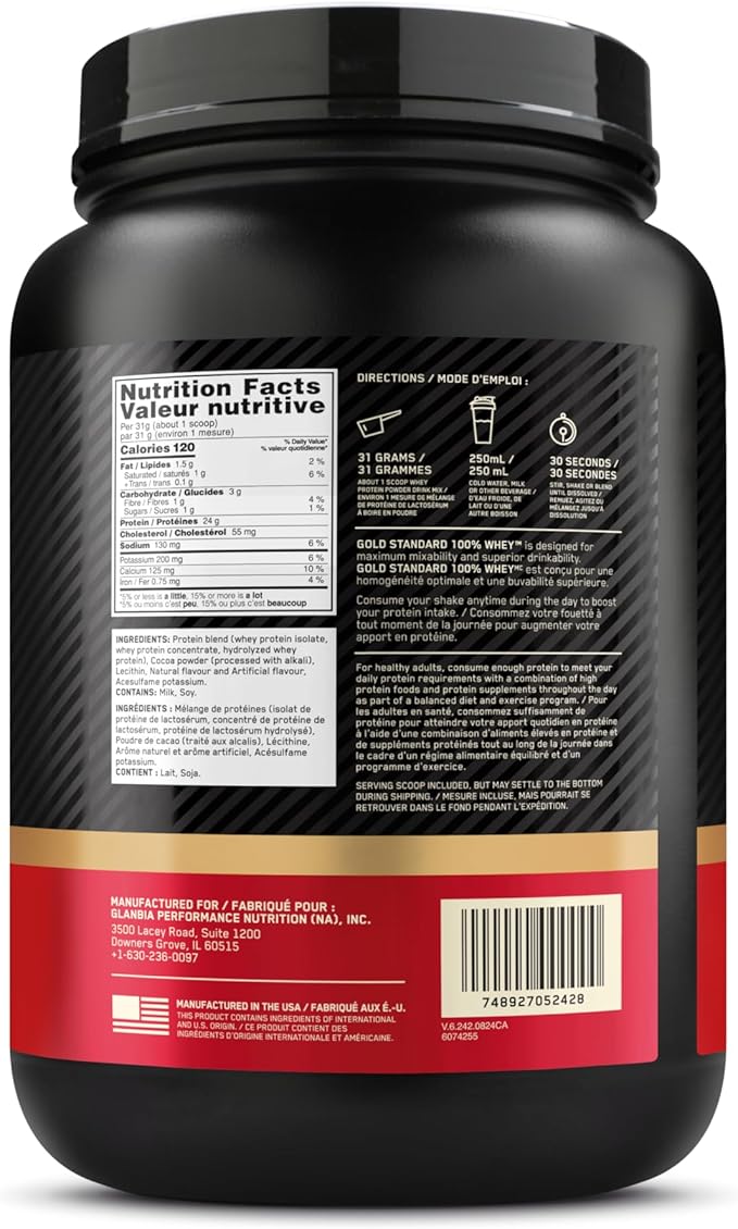 Optimum Nutrition Gold Standard 100% Whey Protein Powder, Double Rich Chocolate 1.98 Pound (Packaging May Vary)