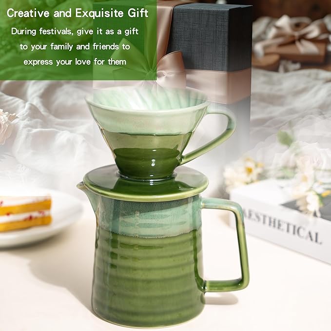 Topadorn Pour Over Coffee Maker Set, 13 Oz Ceramic Coffee Maker & Pour Over Coffee Dripper, Reusable Drip Coffee Maker for Café Restaurant Home Camping, Green