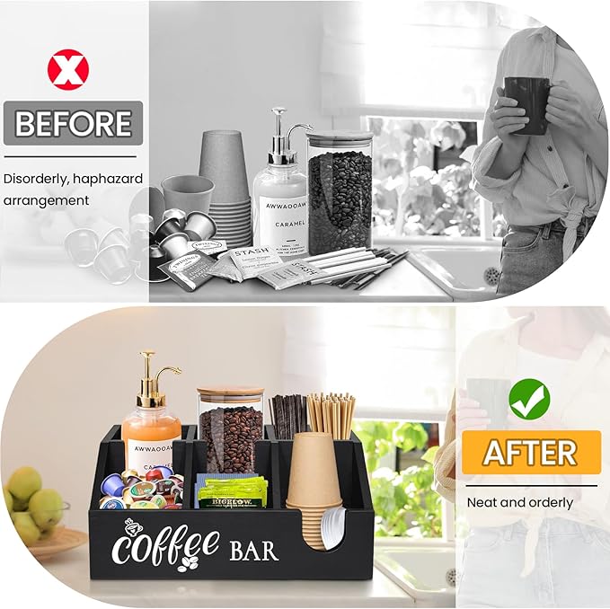 Rustic Coffee Bar Organizer - Wooden Coffee Pod Holder & Cup Storage Basket for Counter - K-Cup Sugar & Tea Condiment Organizer