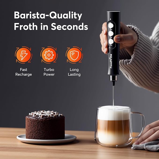 MF02 Rechargeable Milk Frother Handheld Foam Maker with Stainless Whisk for Cappuccino, Latte, Bulletproof Coffee, Keto Diet, Protein Powder, Matcha