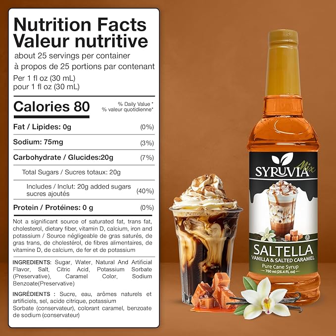Syruvia Coffee Syrup, SALTELLA Syrup, Vanilla Salted Caramel Flavored Syrup for Drinks, Lattes, and Desserts – 25.4 fl oz,