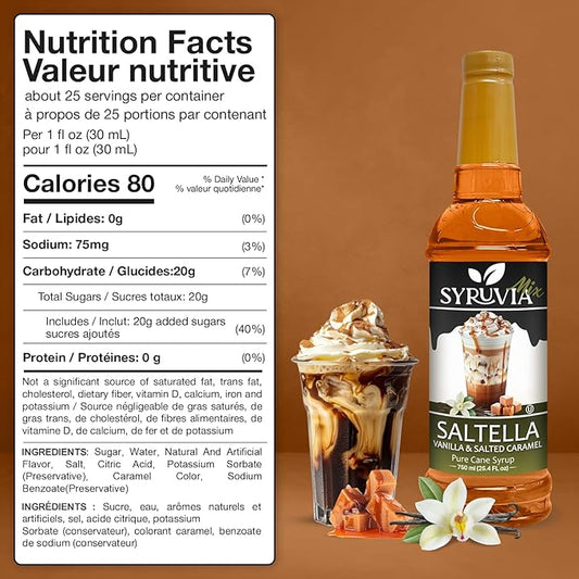 Syruvia Coffee Syrup, SALTELLA Syrup, Vanilla Salted Caramel Flavored Syrup for Drinks, Lattes, and Desserts – 25.4 fl oz,