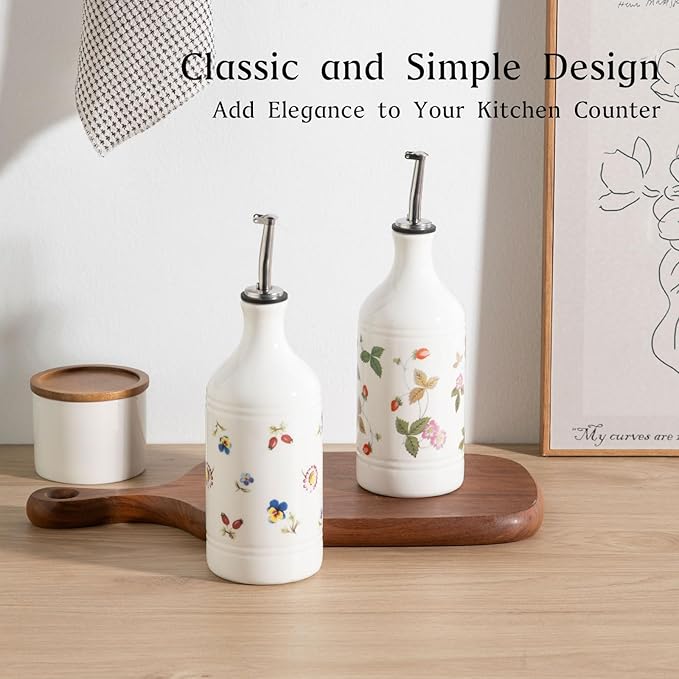Sweejar Ceramic Olive Oil Dispenser Bottle for Kitchen, 15.5 Oz Relief Opaque Oil and Vinegar Dispenser Bottle with Spout, Suitable for Soy Sauce, Coffee Syrup, Liquids (Garden)