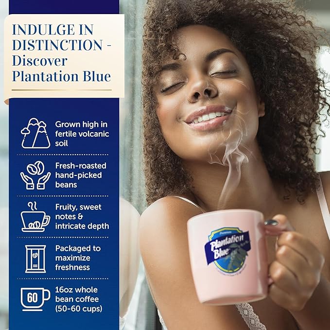 Plantation Blue 100% Blue Mountain Coffee, Dark Roast, Ground, Premium Jamaican Coffee, 12oz