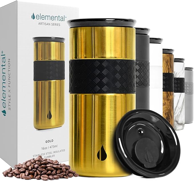 Elemental Artisan Insulated Tumbler, Triple Wall Coffee Travel Mug, Reusable Stainless Steel Coffee Tumbler with Ceramic Lid, Thermal Coffee Cups for Hot (6 Hrs) & Cold (18 Hrs), 16oz - Gold