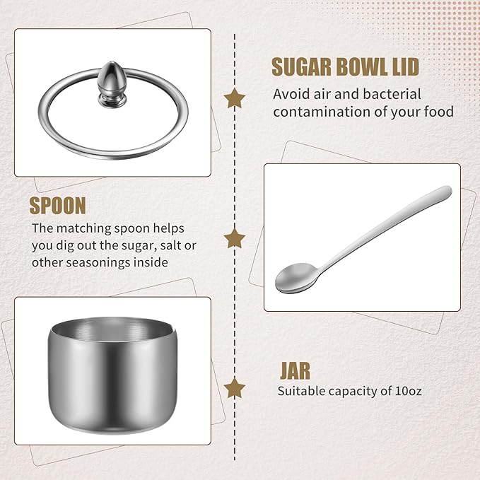 Baderke 4 Pcs 9.8 oz Stainless Steel Sugar Bowl Sugar Container Condiment Dispenser with Lid and Spoon with Tag for Spice Coffee Tea Pepper Herbs (Silver)