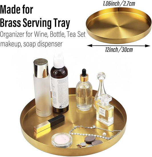 FREELOVE Metal Round Decorative Tray, Perfume Jewelry Candle Organizer for Desk Vanity Countertop Bathroom Dresser Storage, Serving Platter for Kitchen Dinning Coffee Table, Brass Gold, 12 inch