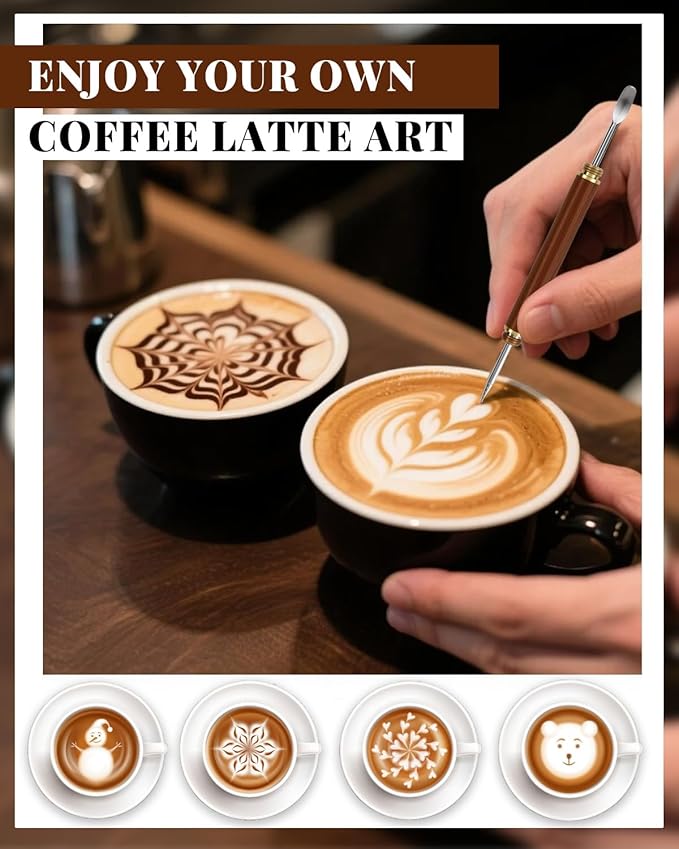 1PCS Latte Art Pen with Rosewood Handle, 304 Stainless Steel Coffee Needle & Mini Sculpting Spoon, Vintage Brass Cap, Latte Pen for Coffee Foam Etching, Coffee Bar Accessory