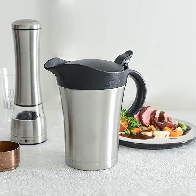 Large Stainless Steel Gravy Boat - 25 Ounce Double Wall Insulated Sauce Jug with Plastic Hinged Lid