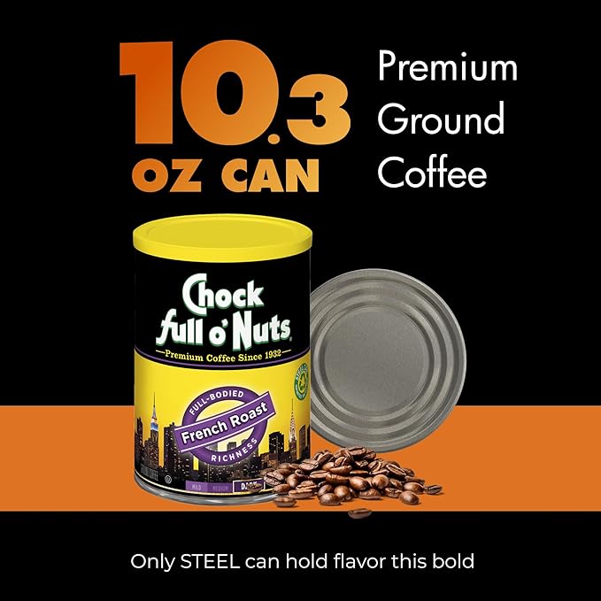 Chock Full o' Nuts French Roast Ground Coffee, Medium-Dark Roast - 100% Premium Coffee Beans – Full-boded, Rich, Bold Medium-Dark Blend with Distinct Parisian Flavor, 10.3 Oz