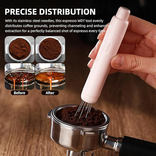 Retractable WDT Espresso Distribution Tool - Magnetic Espresso Stirrer Tool with Stainless Steel Retractable Needles, Coffee Needle Distribution Stirrer for Barista (Pink)