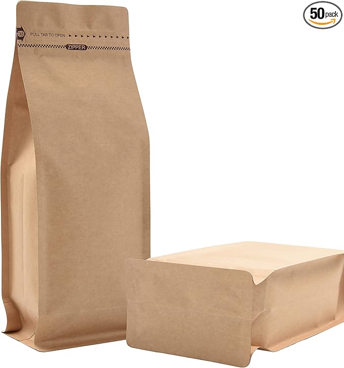 Pack of 50 Kraft Paper Coffee Bag with One-Way Degassing Valve, Stand-up Resealable Zipper Lock, High Barrier Side Gusset Coffee Package Bags, Size 4.33 x 3.15 x 11.8" for 16oz/1lb/500g