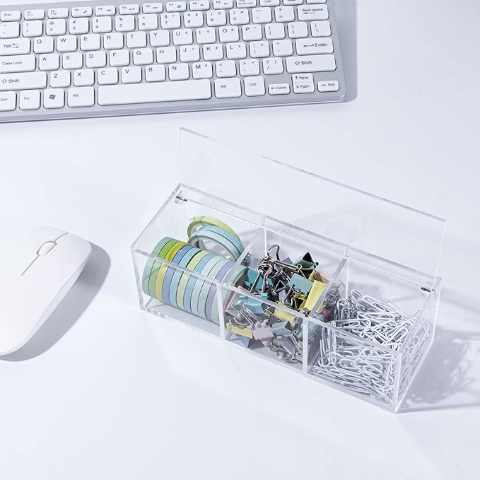 Yeeco Clear Acrylic Capsule Holder with Lid, 3 Section Rectangle Drawer crylic Organizer with Lid 7.6”×2.6”×2.6” 3 Compartments Desk Cube Containers for Jewelry，Candy，Coffee，Make Up Accessories