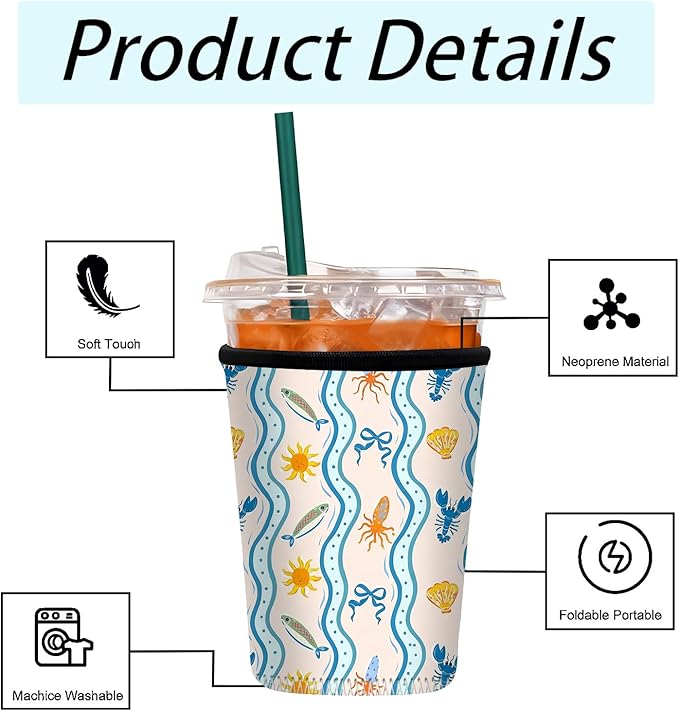 Neoprene Iced Coffee Sleeve 3 Pack, Reusable Insulated Cup Holder with Cute Ocean Pattern, Fits 16–32 oz Tumblers, Compatible with Starbucks & Dunkin, Drink Sleeves for Iced Coffee