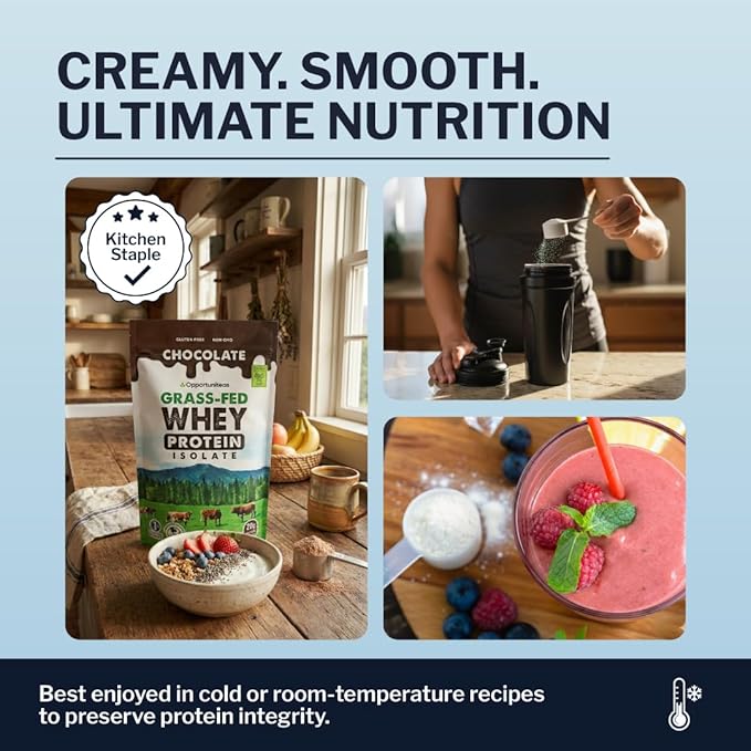 Opportuniteas Grass Fed Chocolate Whey Isolate Protein Powder – 20 g Protein, Heavy-Metal Tested, Made with Organic Cacao & Organic Cane Sugar, Non-GMO, Hormone-Free, Sourced from Ireland, 1 lb