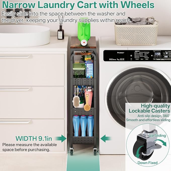 Laundry Room Organization Cart, 4 Tier Slim Rolling Cart for Small Narrow Spaces, Storage Shelf Cabinet with Wheels for Bathroom, Utility Room, Kitchen, Near Washer and Dryer (9.1" W Overall)