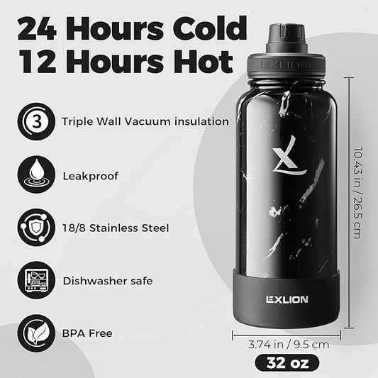 Lexlion Tea Infuser Water Bottle 32 Oz – Triple Wall Insulated Stainless Steel, Loose Leaf & Fruit Strainer, 3 Leakproof Lids, BPA-Free Silicone Sleeve, Reusable Thermal Mug