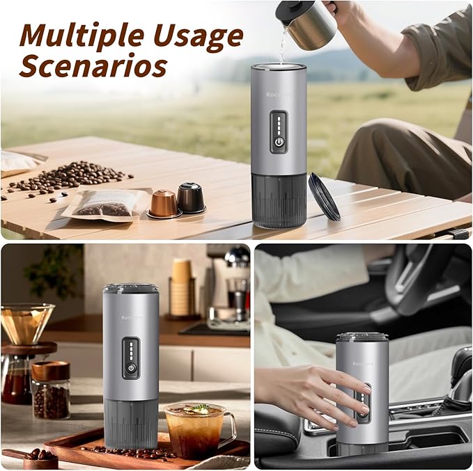 Portable Espresso Maker with Stainless Steel Body | 7500mAh Rechargeable Battery | 20 Bar Self-Heating with USB-C | Works with Most Capsules Compatible for Camping, Travel, Outdoor (Silvery)