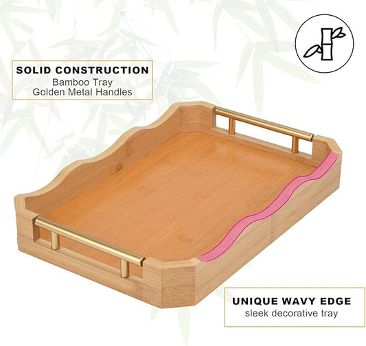 Decorative Bamboo Serving Tray Set with Gold Metal Handles, 2 Pack Ottoman Coffee Table Trays, 14.5x9.8 and 15.75x11 Inches (Bamboo Color)