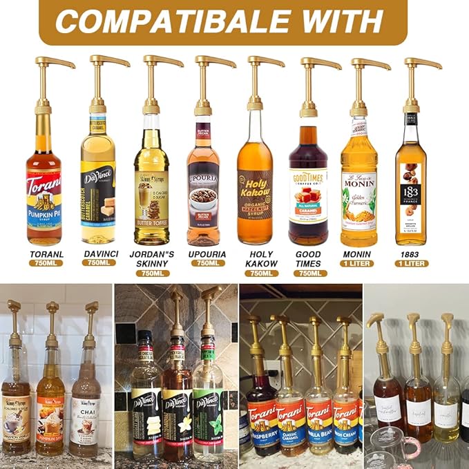 12 Packs Coffee Syrup Pump Dispenser, Fits 25.4 Oz/750ml Coffee Flavoring Syrup Bottles, No Dripping, Great for Home & Coffee Bar Drinking Mixes, Tea, Plus Spoons (Gold,5.23")