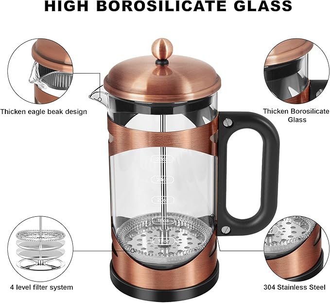 YMMIND 34 Ounce French Press Coffee Maker Copper Stainless Steel Coffee Press, with 4-Level Filter System, Heat Resistant Thickness Borosilicate Glass, BPA-Free Brewed Coffee Pot for Camping Gifts