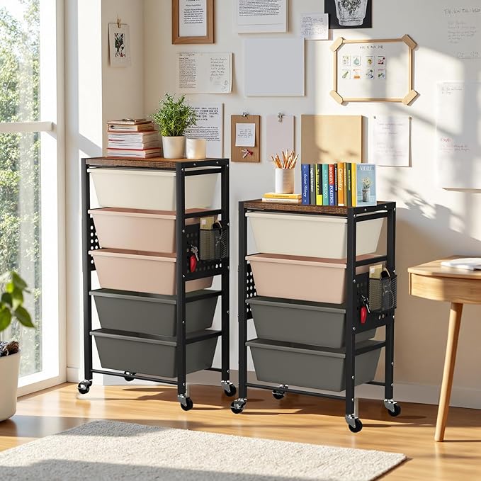 Rolling Cart with 4 Drawers, Plastic Drawer Storage Carts with Wheels & Wooden Tabletop, Metal Utility Cart with Pegboards, Office Living Room Classroom Craft Organization and Storage, Dark Brown