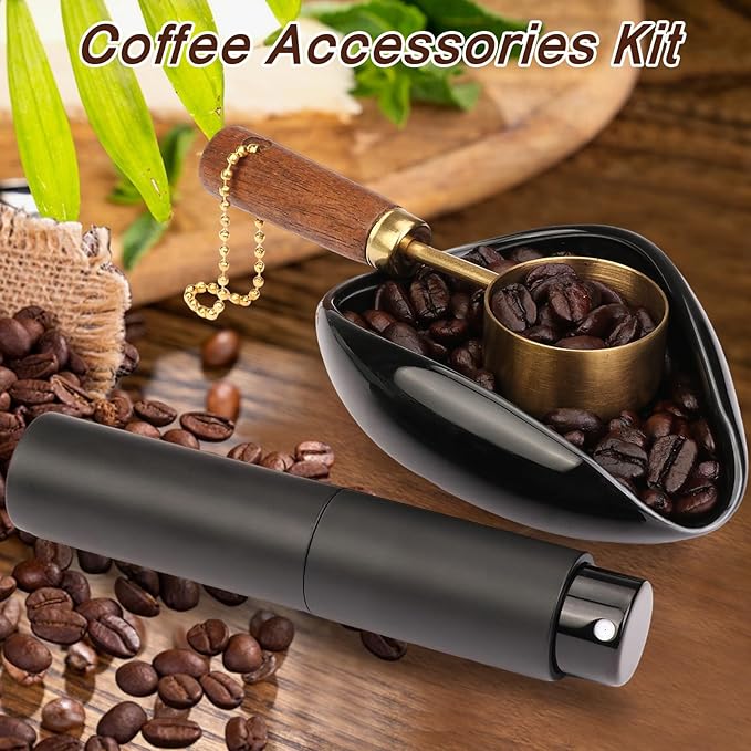 4Pcs Coffee Bean Dosing Cup, Spray Bottle, Spoon and Stirrer Tool Set, Coffee Bar Accessories Ceramic Espresso Dosing Funnel Spray Bottle for Reducing Coffee Static, Coffee Lover Gift (Black)