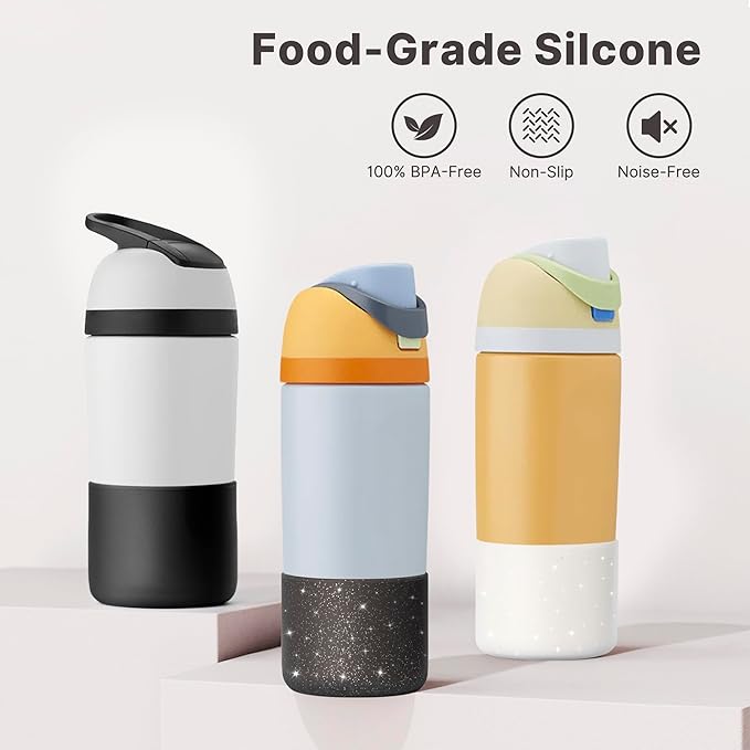 Silicone Water Bottle Boot for Owala 14/16oz, Anti-Slip Protective Sleeve Bottom Bumper Protector for Owala Kids 12 oz Tumbler, Flip 14 oz and FreeSip 16 oz Water Bottle (Glitter Black)