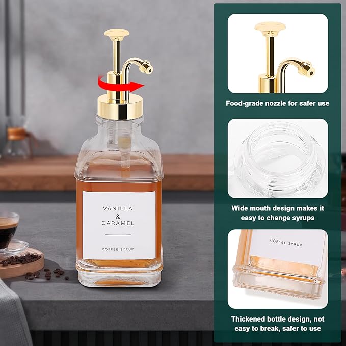 BathAce Coffee Syrup Dispenser for Coffee Bar, Clear Glass Syrup Bottles with Pump, Refillable Maple Syrup Storage, Coffee Station Accessories and Organizer, 500ml, Set of 2 (Gold)