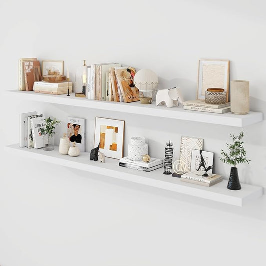 72 Inch Floating Shelves, 9.3" Deep Floating Shelf Wall Mounted, 72" Wall Shelves, Rustic Deep Bookshelf, Large Display Shelves & Storage Shelves for Bedroom, Living Room, White, Set of 2